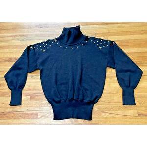 Vintage Meister Ski Sweater Women's Black M Tight-Knit Studded Turtleneck Wool